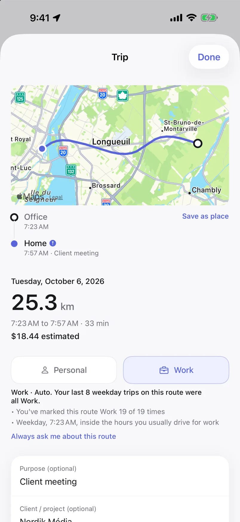 A trip's detail view, showing a parking or toll receipt attached to the drive it belongs to