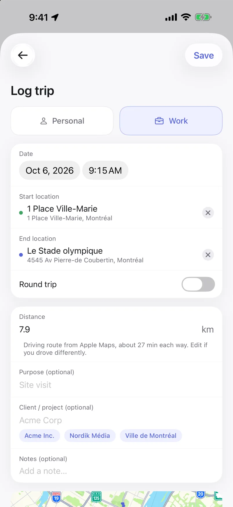 A trip entry with a date, a route and a distance