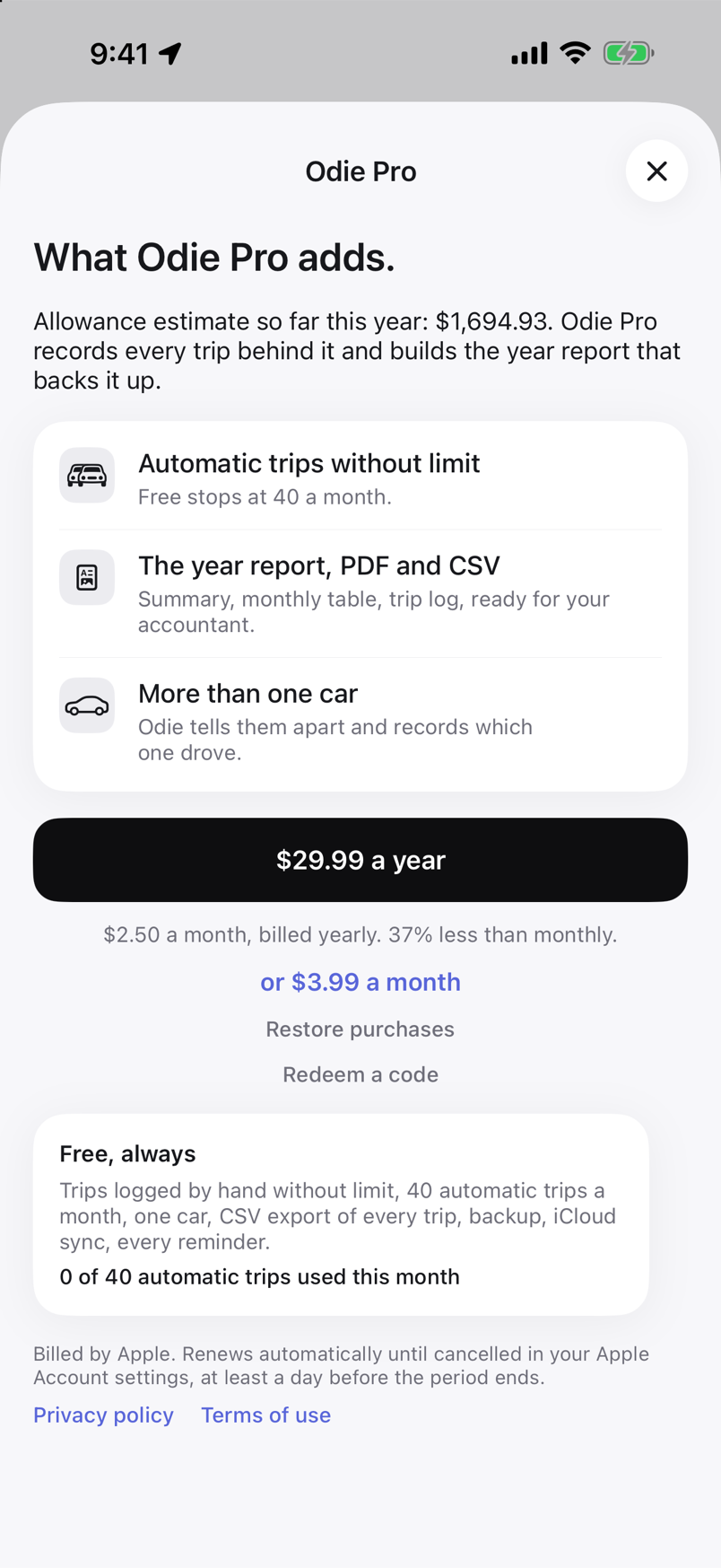 Odie Pro screen listing what Pro adds, what stays free, and the monthly and yearly prices in your local currency.