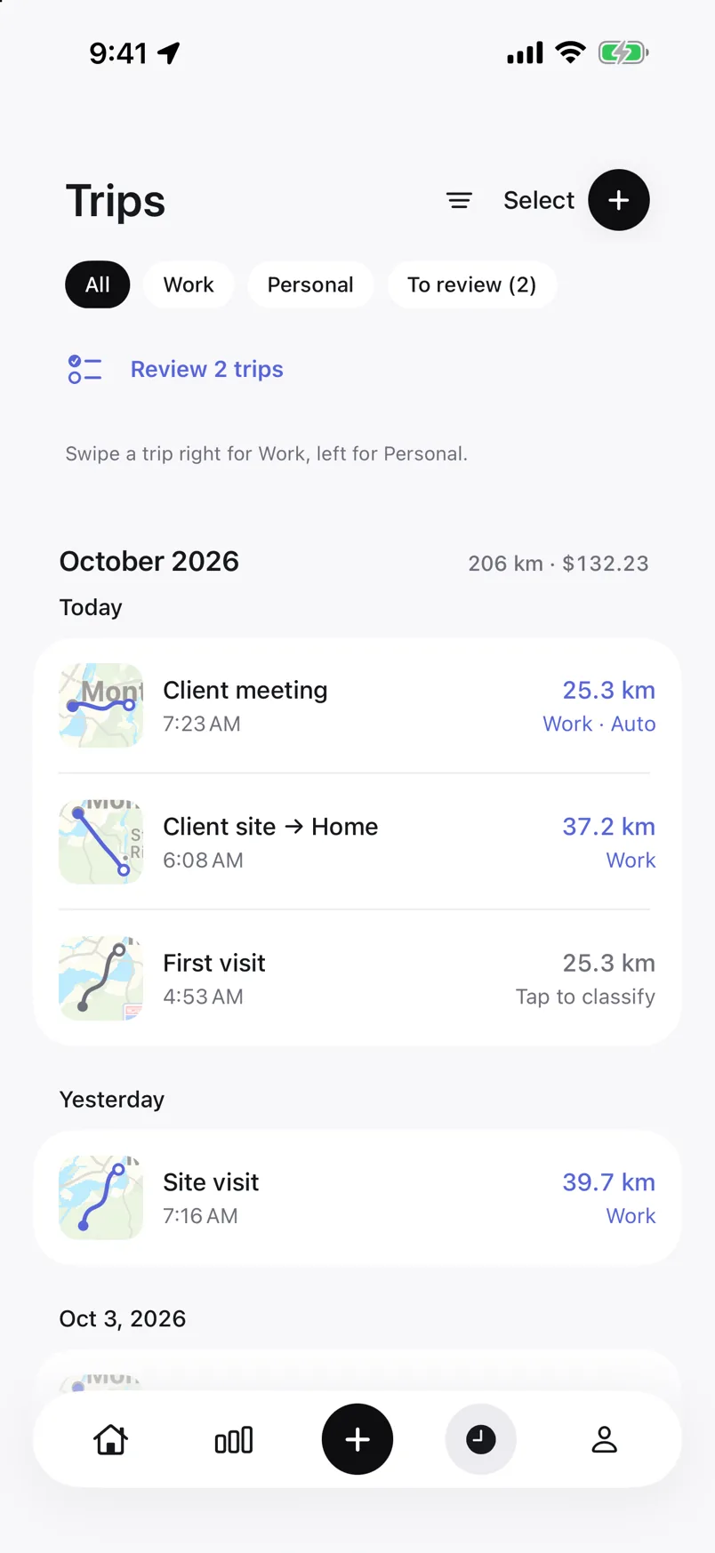 Screenshot of the trips list in Odie, each trip showing its distance and purpose