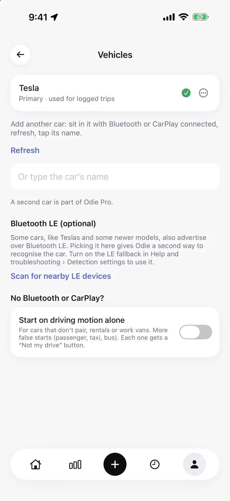 Two vehicles saved in the app, each recording its own trips