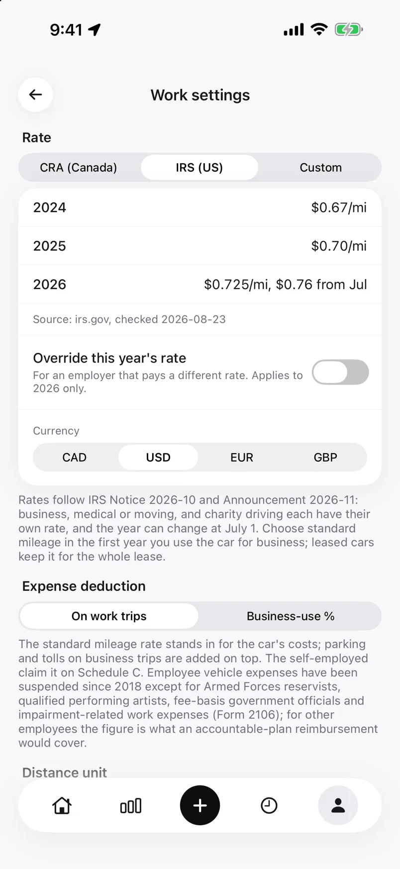 Work settings showing the deduction method under the IRS scheme, standard mileage rate or business-use percentage